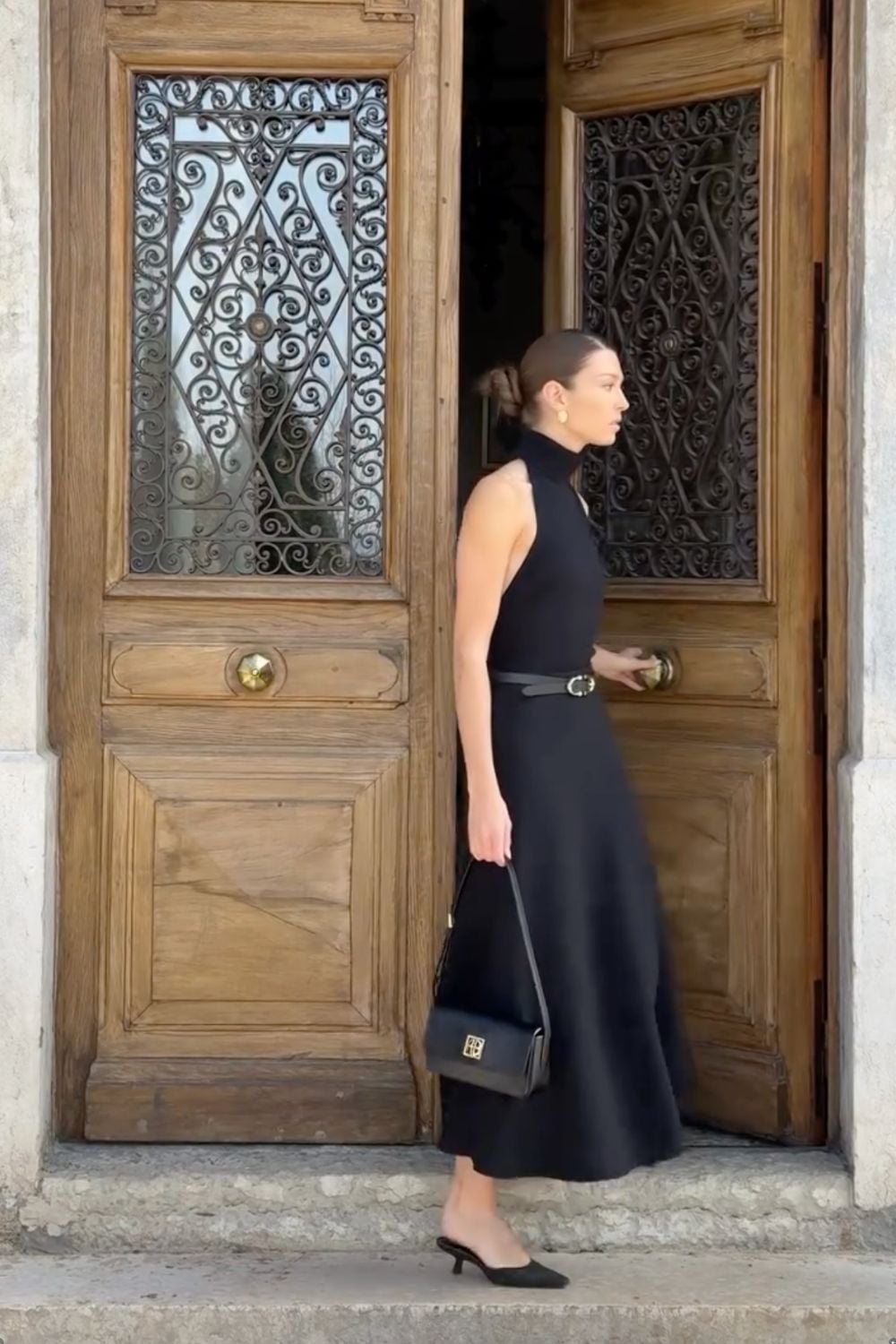 Black Knit Midi Dress With Gold Belt — Trendy Casual Dinner Outfit