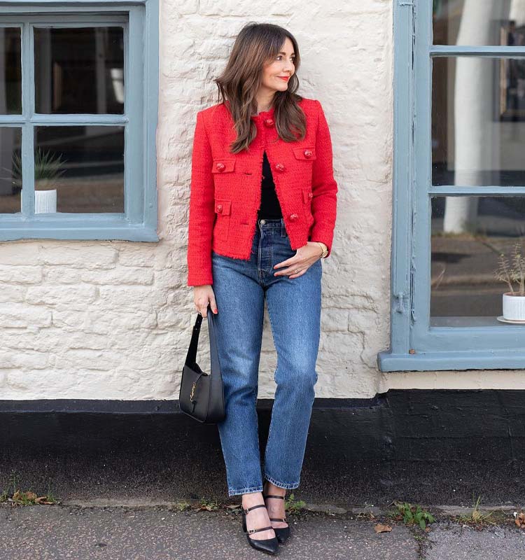 Black Top With Blue Jeans And Red Tweed Jacket — Trendy Casual Dinner Outfit