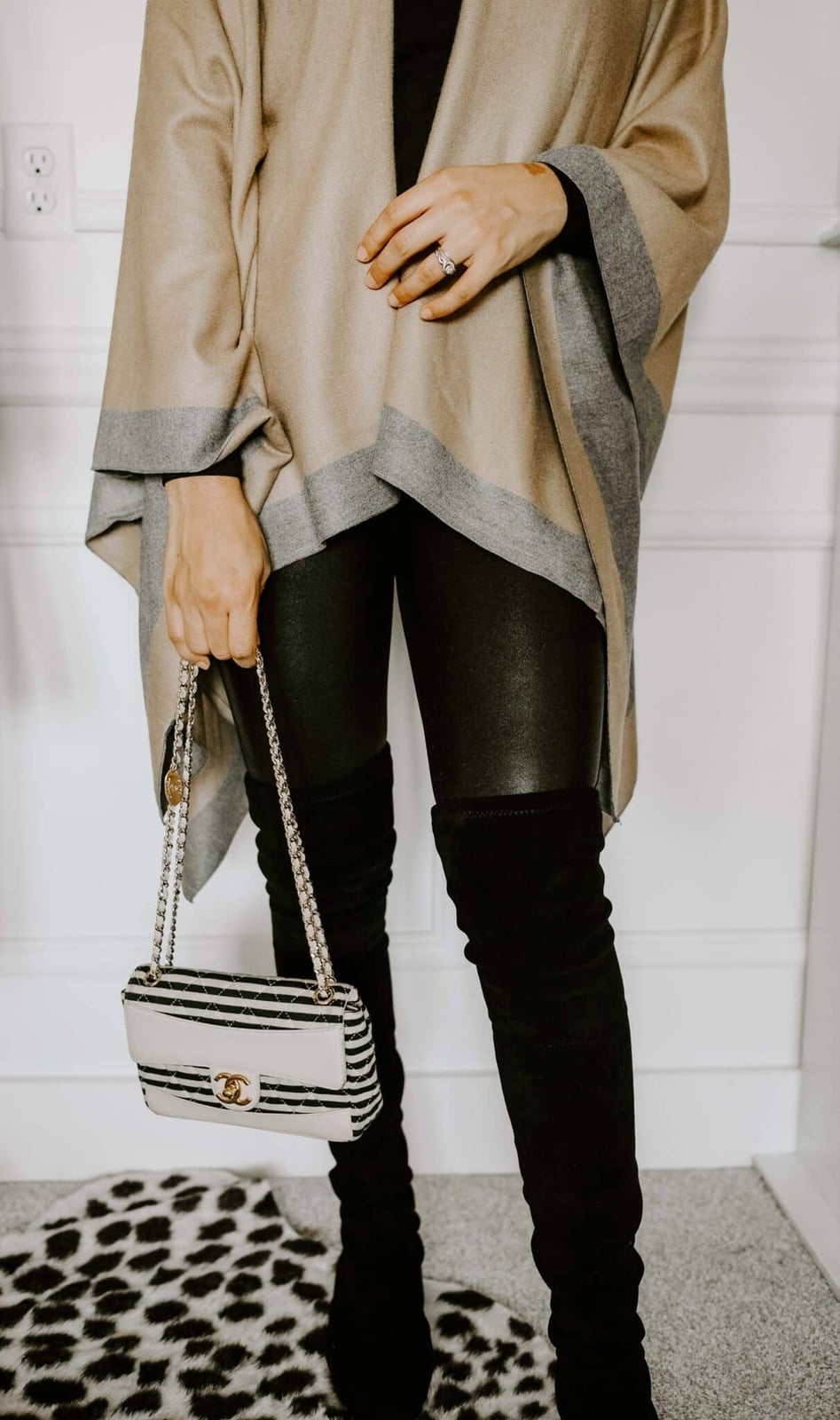 Black Top With Faux Leather Leggings And Poncho — Trendy Casual Dinner Outfit