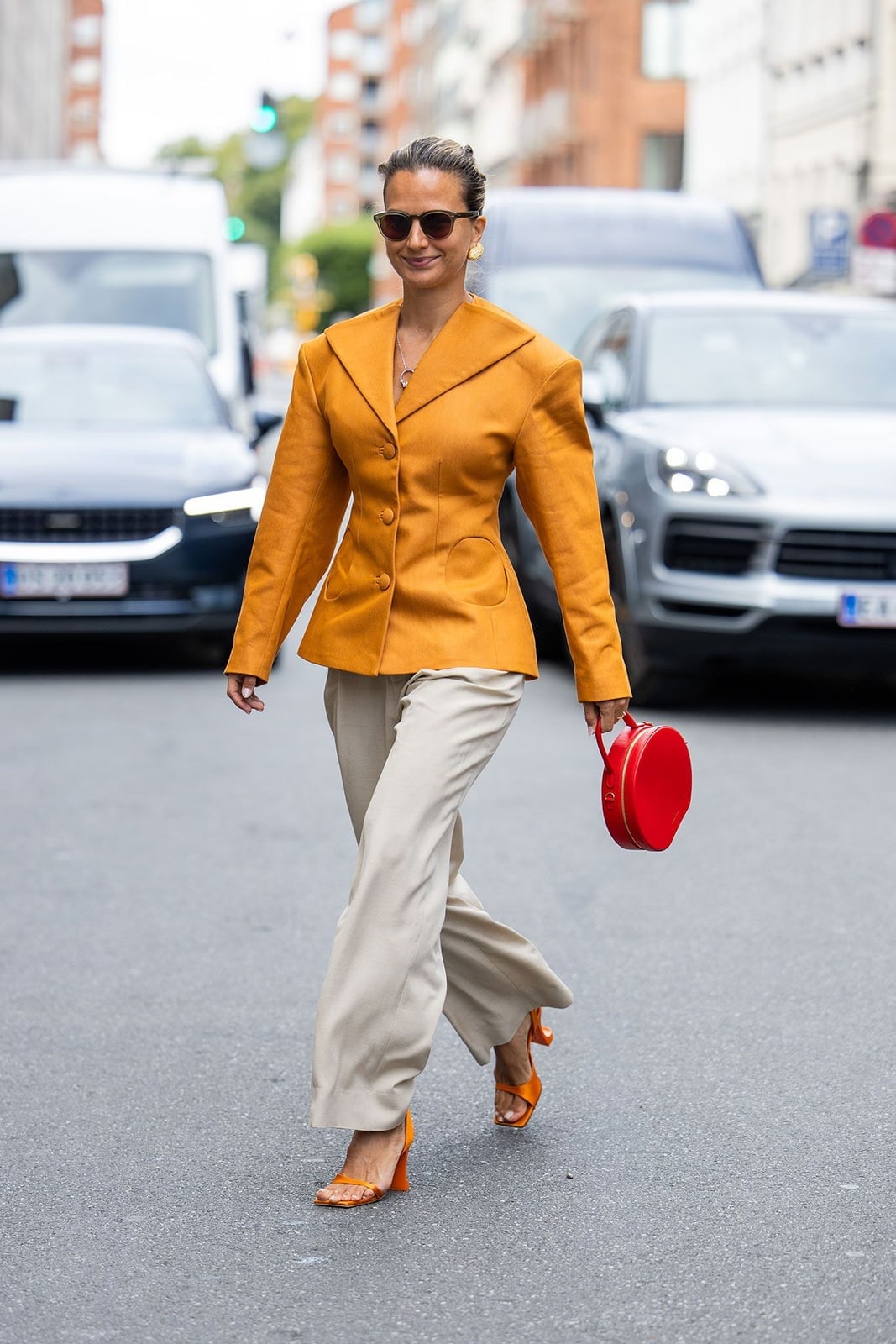Mustard Blazer With Cream Wide-Leg Trousers — Trendy Casual Dinner Outfit