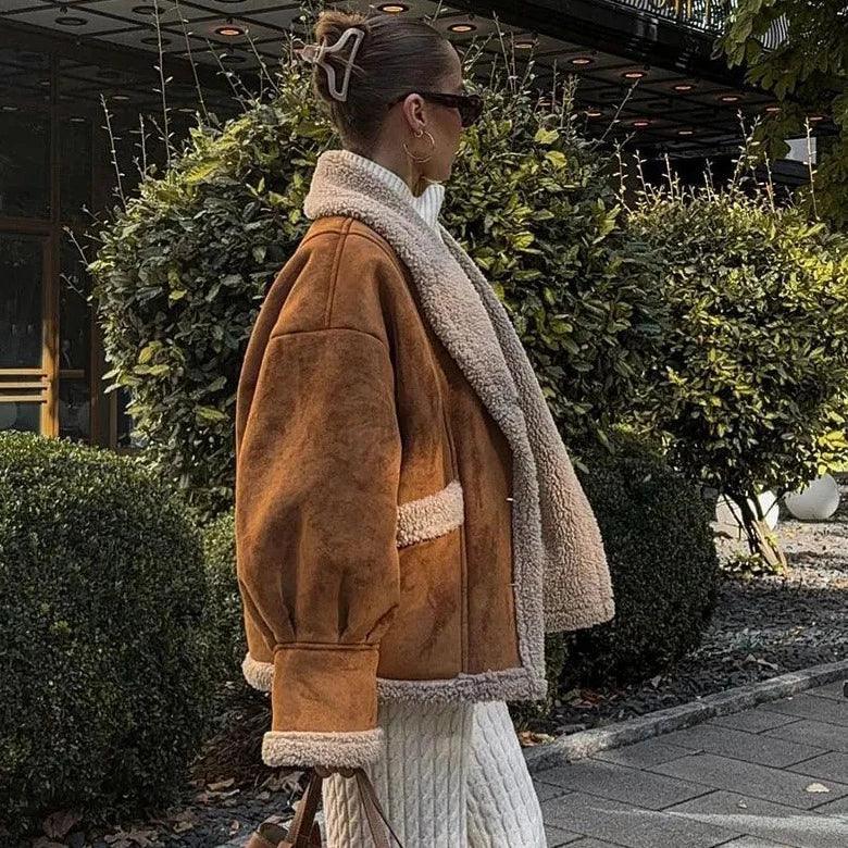 Shearling Jacket Over Cream Knit Dress — Trendy Casual Dinner Outfit