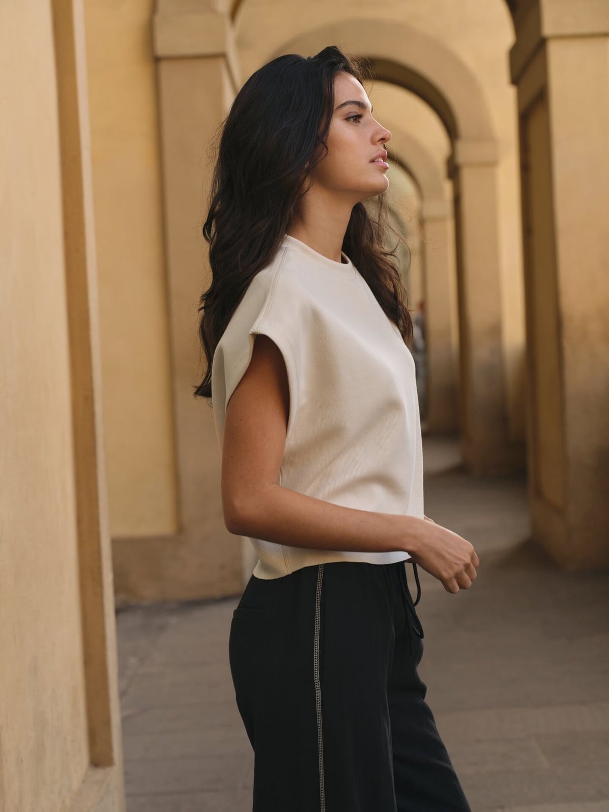 Cream Knit Top With Black Drawstring Pants — Trendy Casual Dinner Outfit