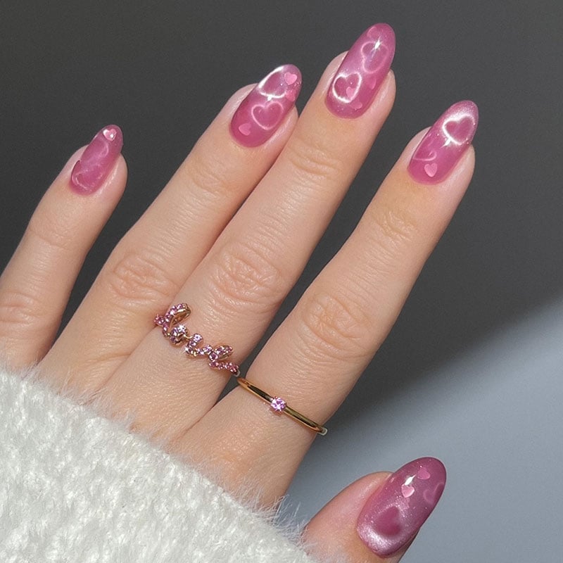 Sheer Pink Cat Eye with Outline Hearts Medium Almond Nails — Trendy Cat Eye Nail Art