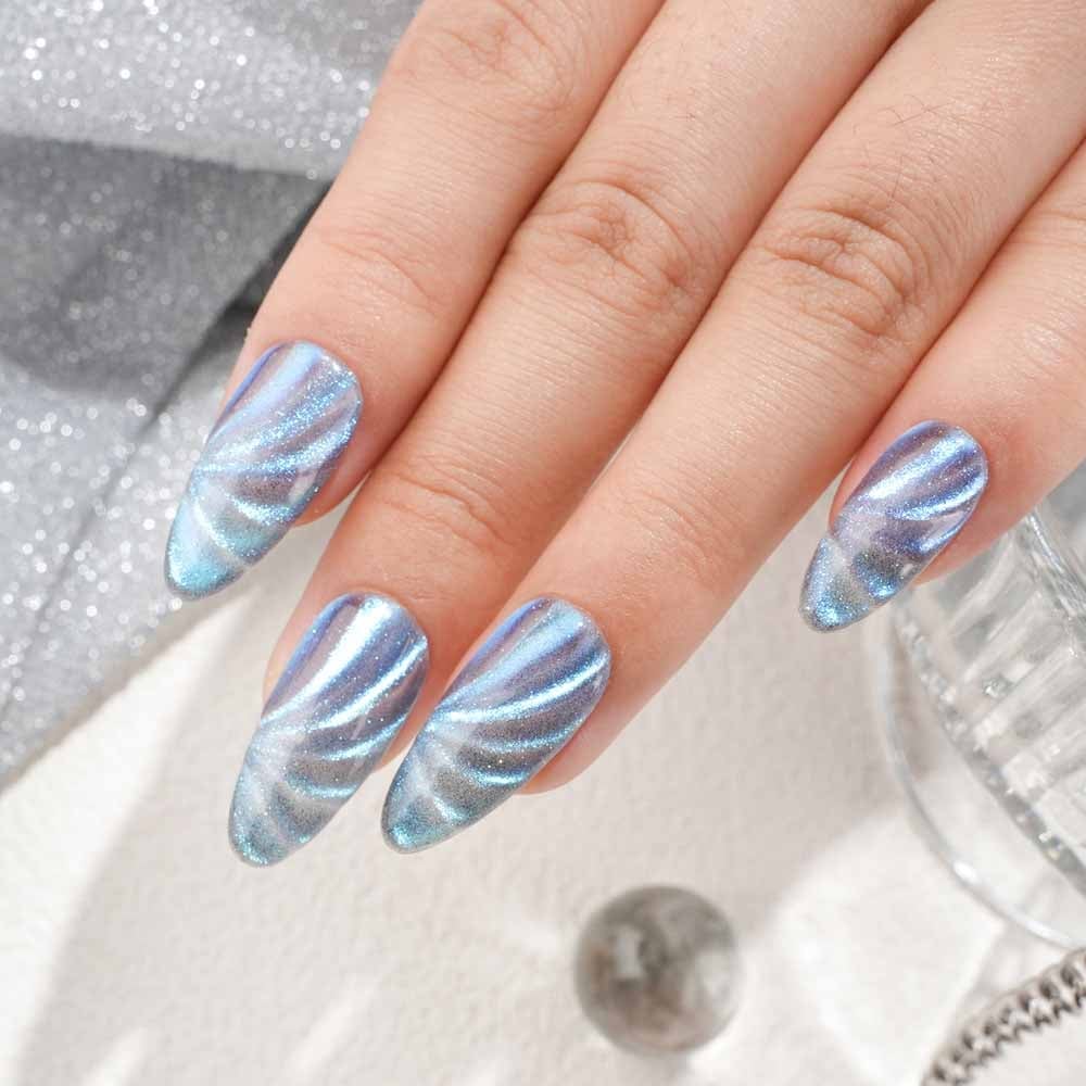 Blue Silver Swirl Cat Eye Medium Almond Nails — Trendy Cat Eye Nail Art