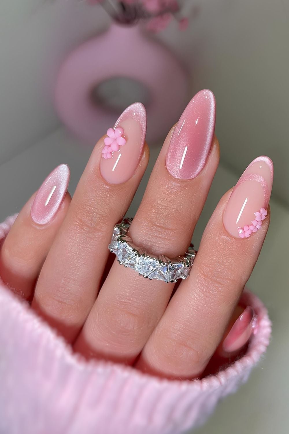 Nude Cat Eye with 3D Floral Accents Medium Almond Nails — Trendy Cat Eye Nail Art