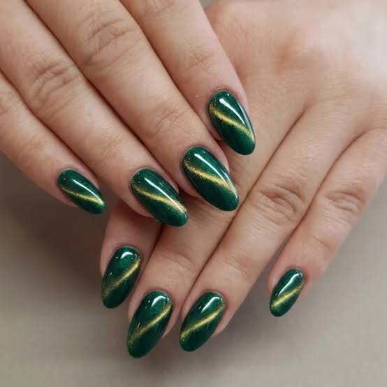 Deep Green Cat Eye with Gold Stripes Short Almond Nails — Trendy Cat Eye Nail Art