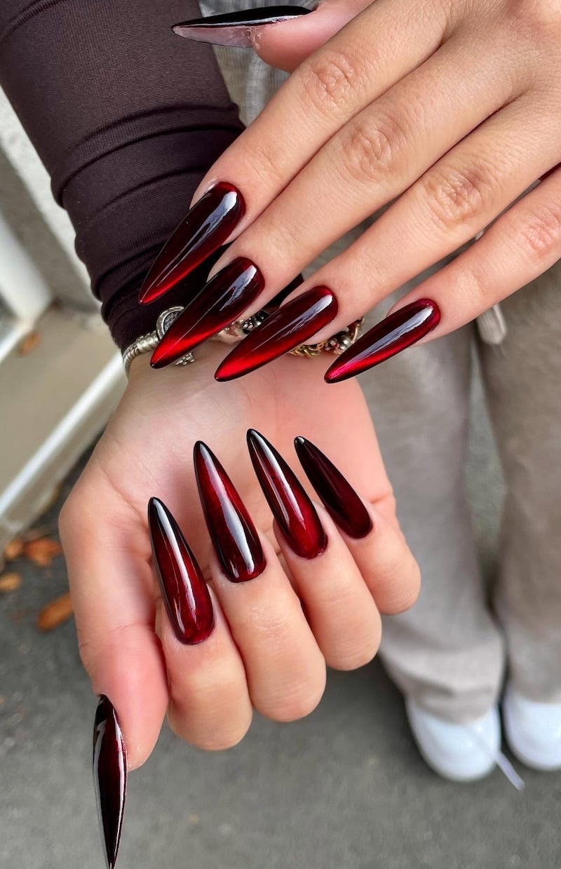 Vampy Red Cat Eye Stiletto Nails — Trendy Cat Eye Nail Art