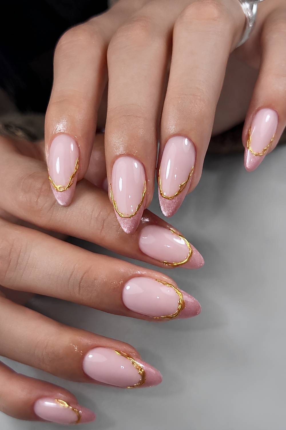 Soft Pink with Gold Line and Glitter Tips Medium Almond Nails — Trendy Cat Eye Nail Art