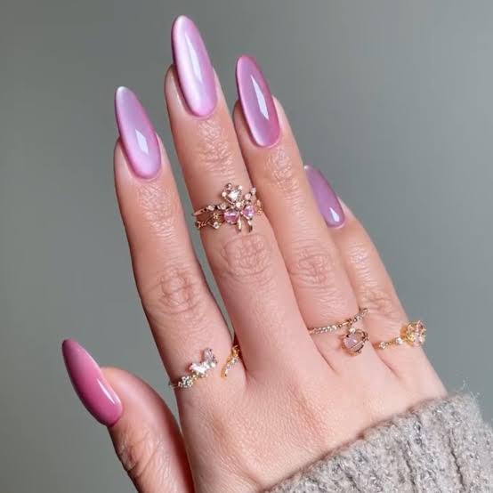 Vibrant Pink Purple Cat Eye Medium Almond Nails — Trendy Cat Eye Nail Art