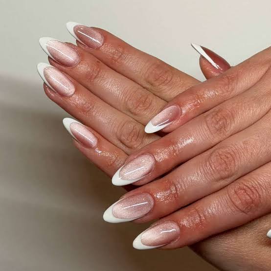 Sheer Pink Cat Eye French Tips Short Almond Nails — Trendy Cat Eye Nail Art