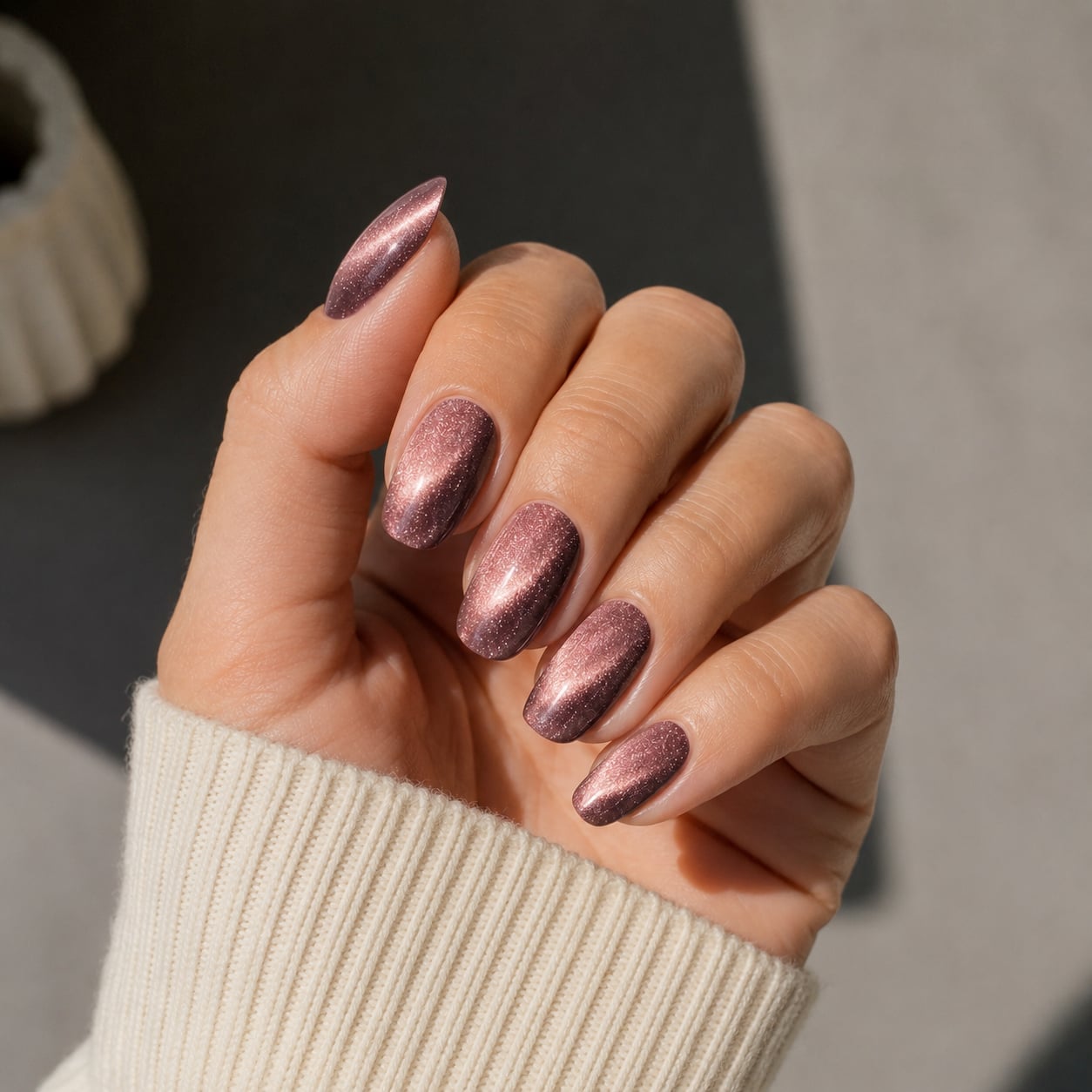 Rose Gold Cat Eye Short Square Nails — Trendy Cat Eye Nail Art