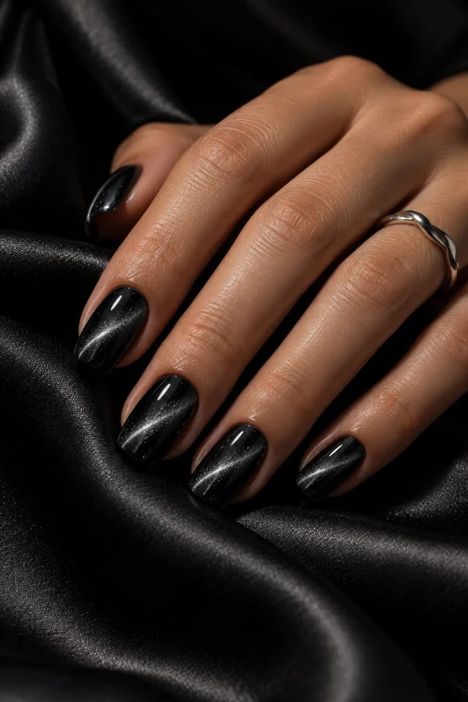 Deep Black Silver Line Cat Eye Short Oval Nails — Trendy Cat Eye Nail Art