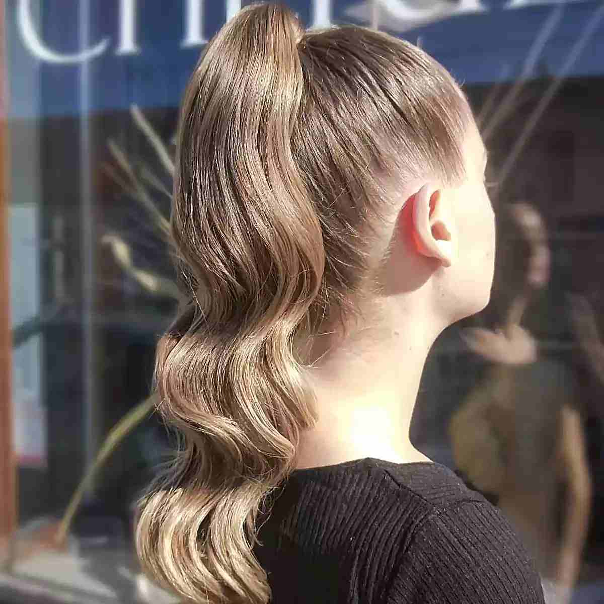 Ash Blonde High Ponytail With Deep Waves — Trendy Cheer Hair
