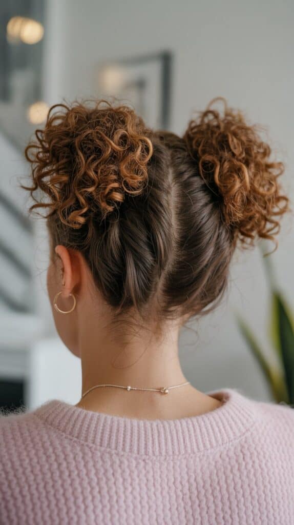 Thick Curly Brown Space Buns With Auburn Highlights — Trendy Cheer Hair