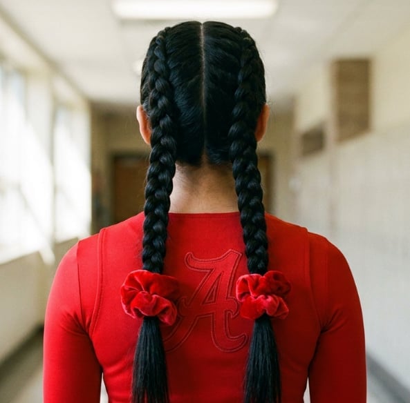 Mid-Back Black Braids With Red Scrunchies — Trendy Cheer Hair