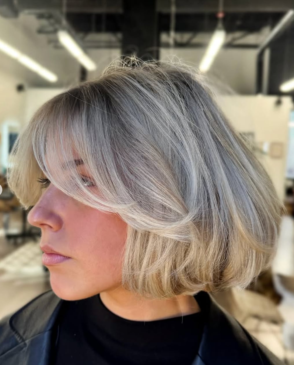 Ash Blonde Bob With Soft Curtain Bangs Ash Blonde Bob With Soft Curtain Bangs — Trendy Chin Length Hair