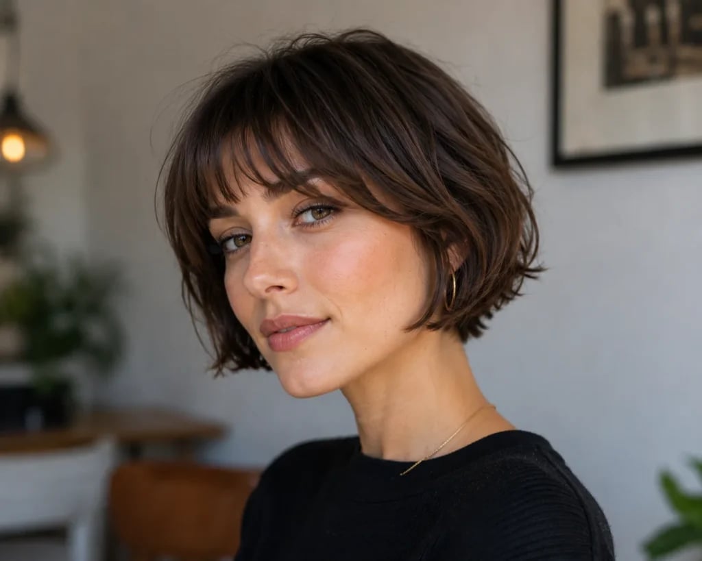 Dark Brown Shag Bob With Wispy Bangs Dark Brown Shag Bob With Wispy Bangs — Trendy Chin Length Hair