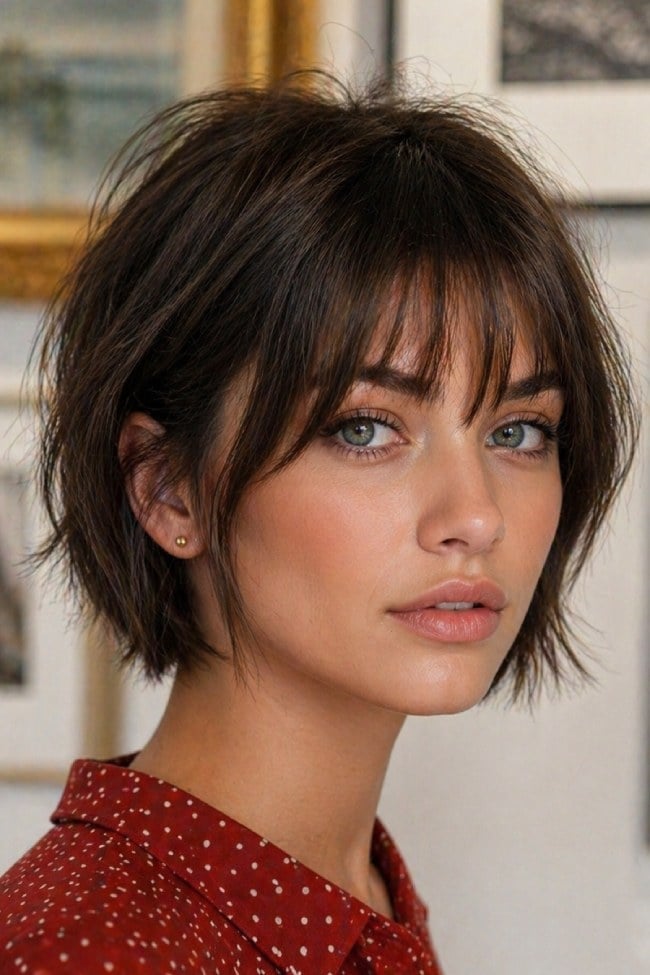Chocolate Brown Bob With Wispy Fringe Chocolate Brown Bob With Wispy Fringe — Trendy Chin Length Hair