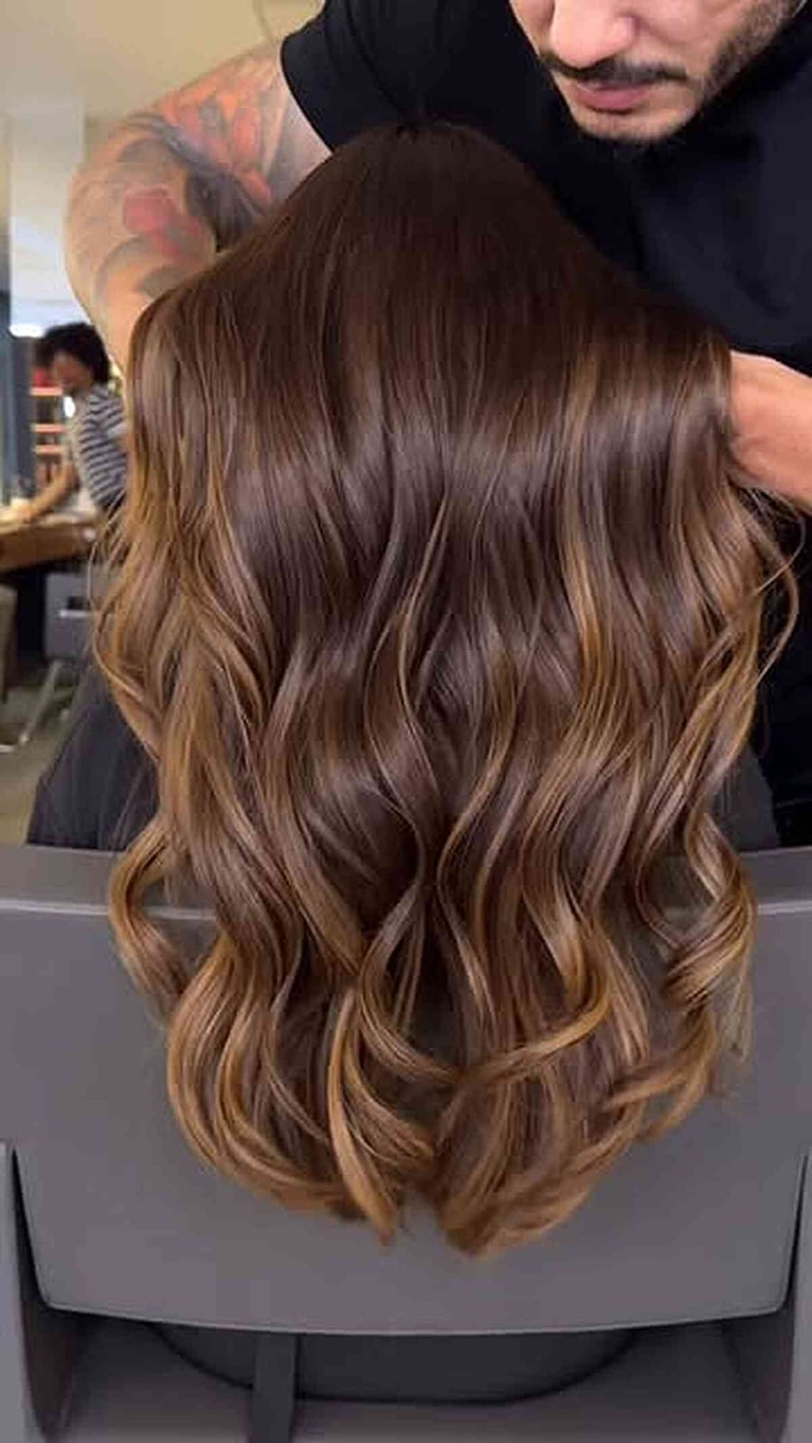 Mid-Back With Warm Brown Balayage Mid-Back With Warm Brown Balayage — Trendy Chocolate Hair Color