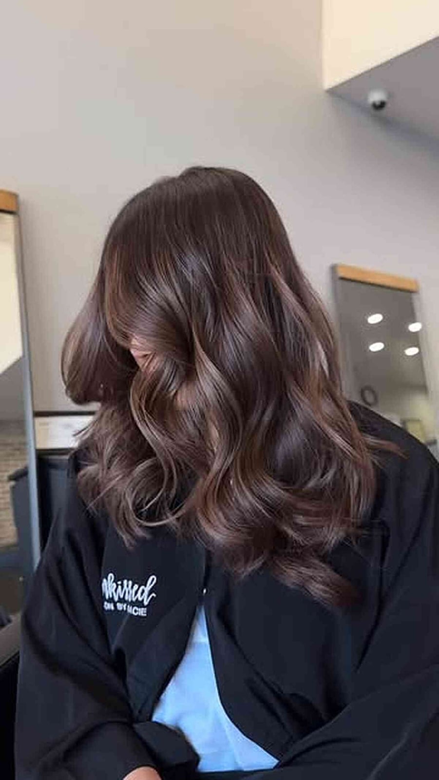 Collarbone Waves With Curtain Bangs Collarbone Waves With Curtain Bangs — Trendy Chocolate Hair Color