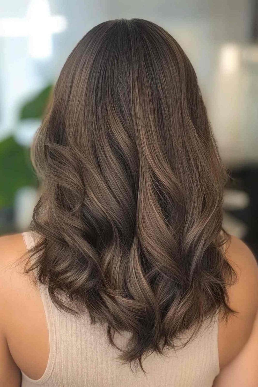 Collarbone Lob With Balayage Dimension, Wavy Collarbone Lob With Balayage Dimension, Wavy — Trendy Chocolate Hair Color