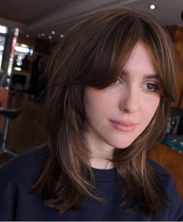 Shoulder Length Shag With Curtain Bangs Shoulder Length Shag With Curtain Bangs — Trendy Chocolate Hair Color