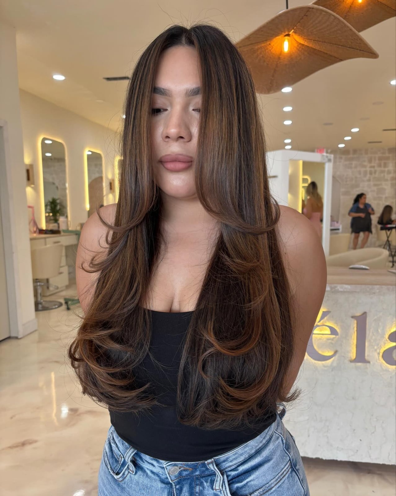 Long Layered Chocolate With Balayage Long Layered Chocolate With Balayage — Trendy Chocolate Hair Color