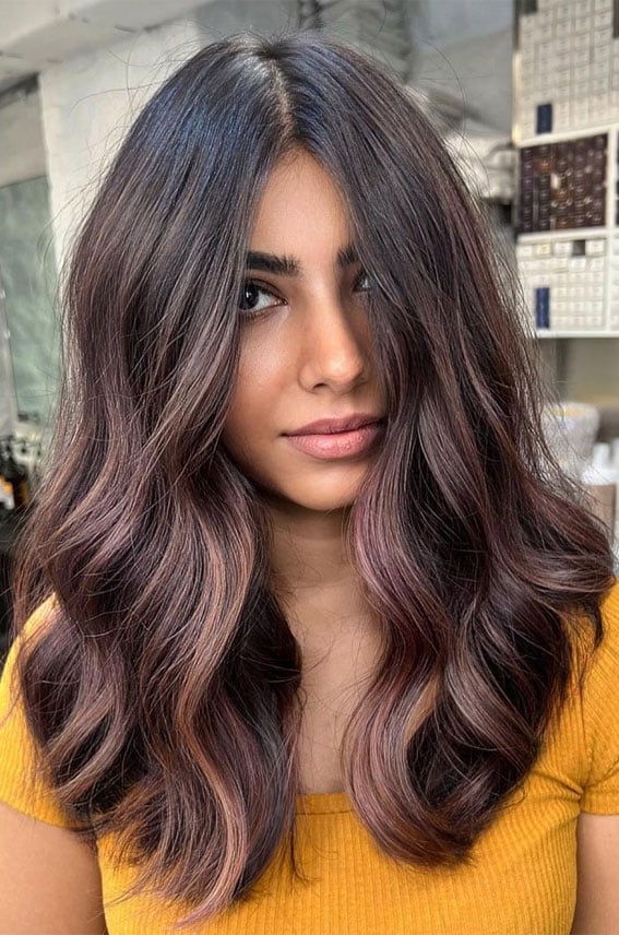 Mid-Back Dark Brown With Violet Mid-Back Dark Brown With Violet — Trendy Chocolate Hair Color