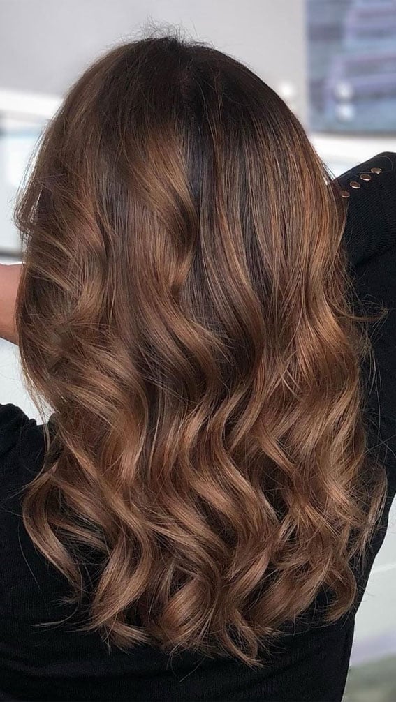 Dark Chocolate With Caramel Balayage Dark Chocolate With Caramel Balayage — Trendy Chocolate Hair Color