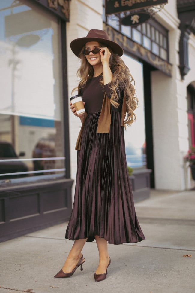Deep Plum Pleated Midi Dress with Draped Cardigan — Trendy Church Outfits