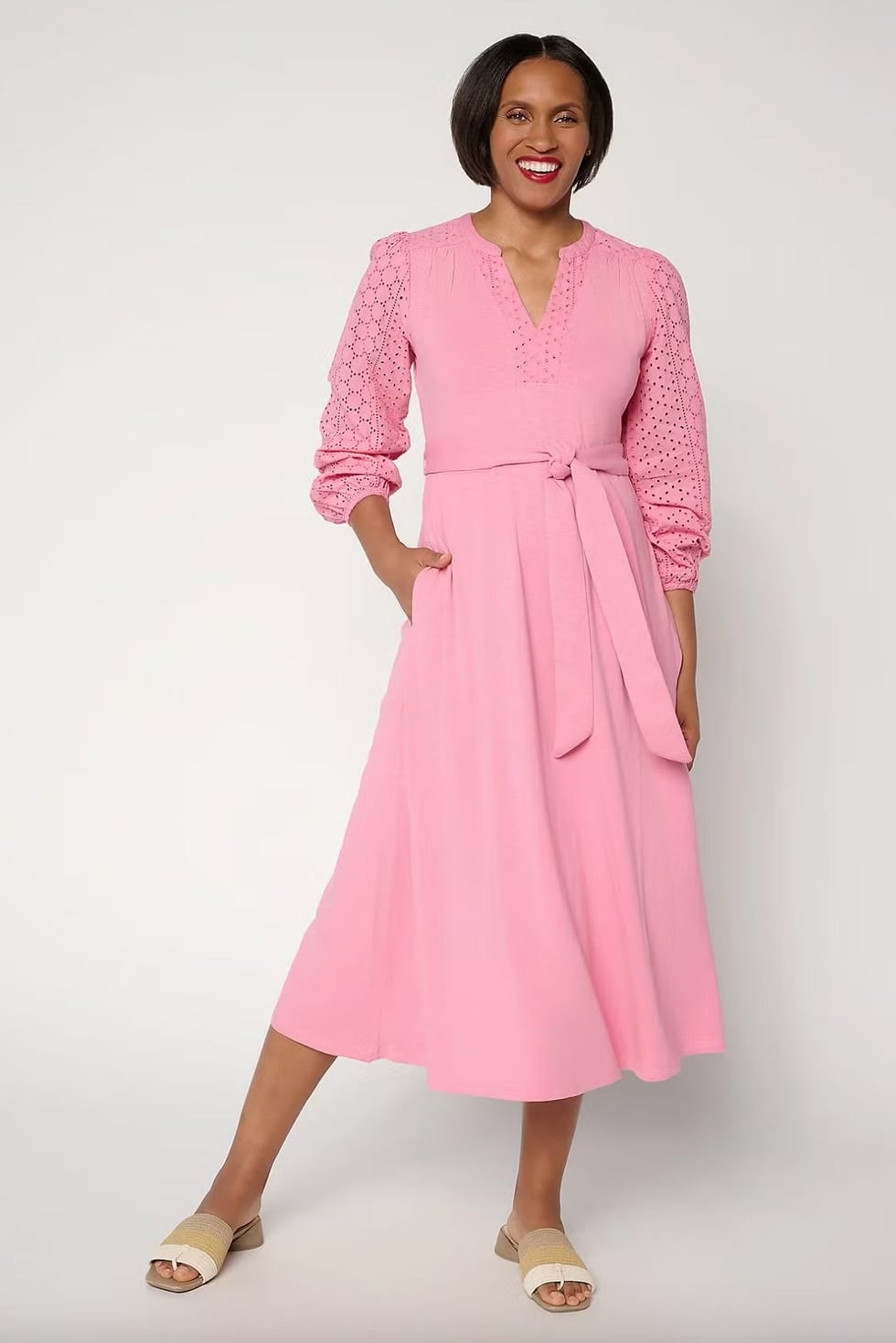 Pink Midi Dress with Tie Waist and Eyelet Details — Trendy Church Outfits