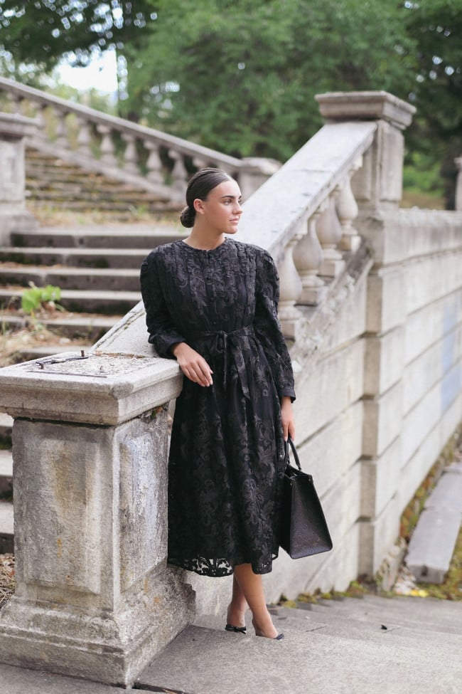 Black Lace Overlay Midi Dress with Puff Sleeves — Trendy Church Outfits
