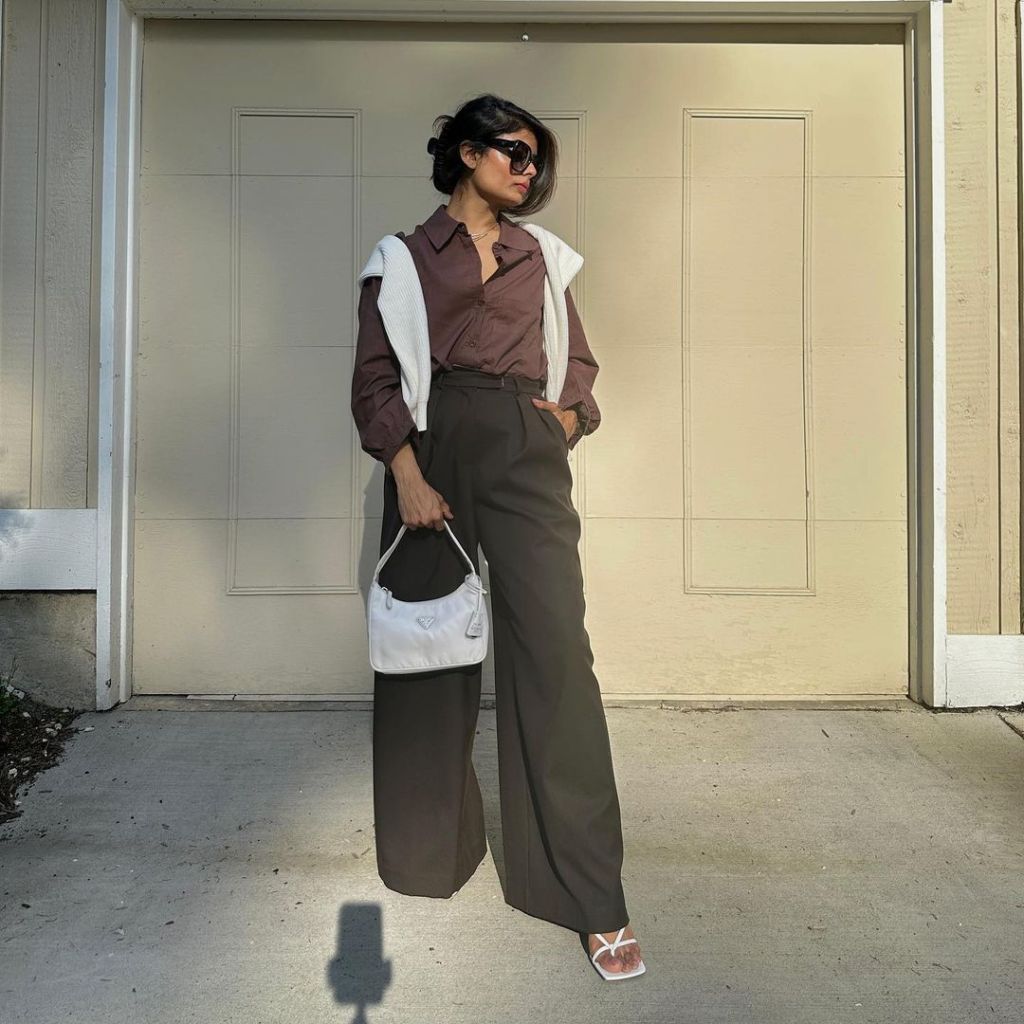 Brown Button-Down Shirt with Wide-Leg Trousers — Trendy Church Outfits