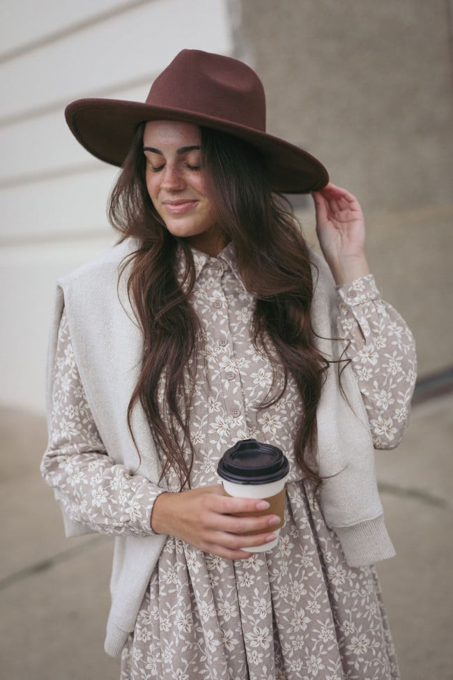 Beige Floral Print Shirt Dress with Draped Sweater — Trendy Church Outfits