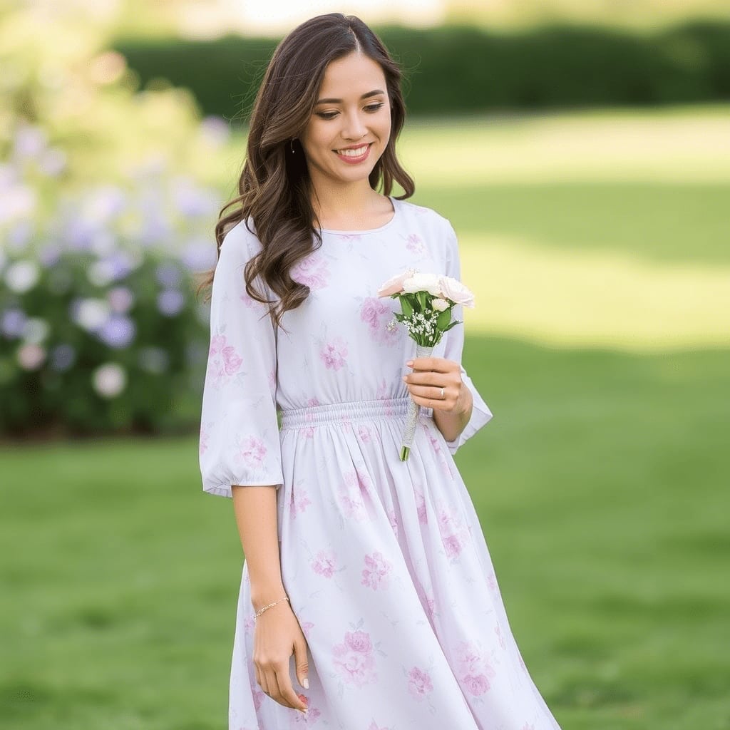 Light Blue Floral Midi Dress with Cinched Waist — Trendy Church Outfits