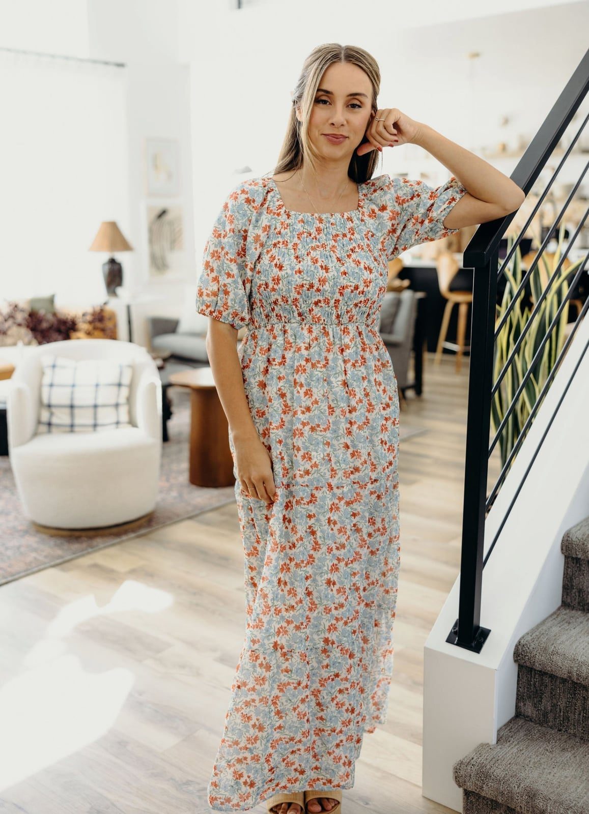 Floral Midi Dress with Smocked Bodice and Puff Sleeves — Trendy Church Outfits