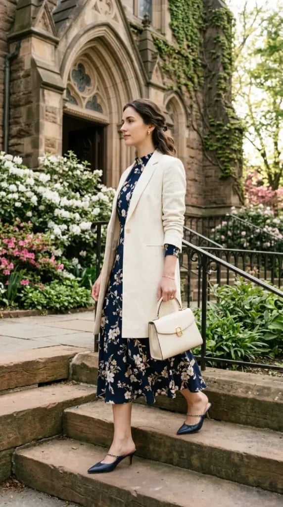 Navy Floral Midi Dress with Cream Tailored Blazer — Trendy Church Outfits