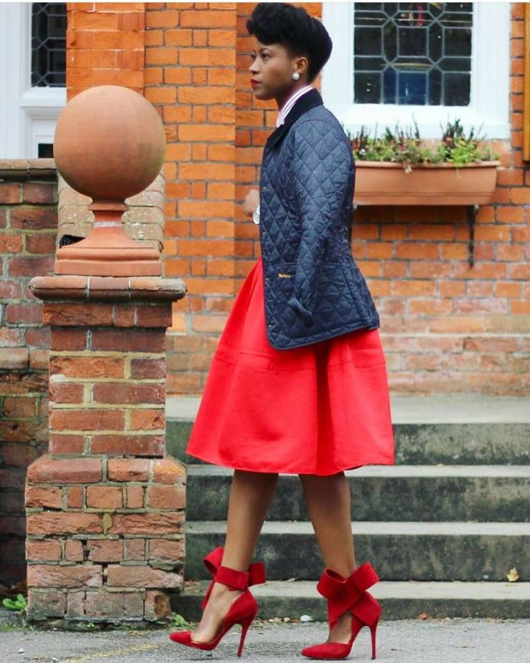 Red Midi Skirt with White Shirt and Navy Jacket — Trendy Church Outfits