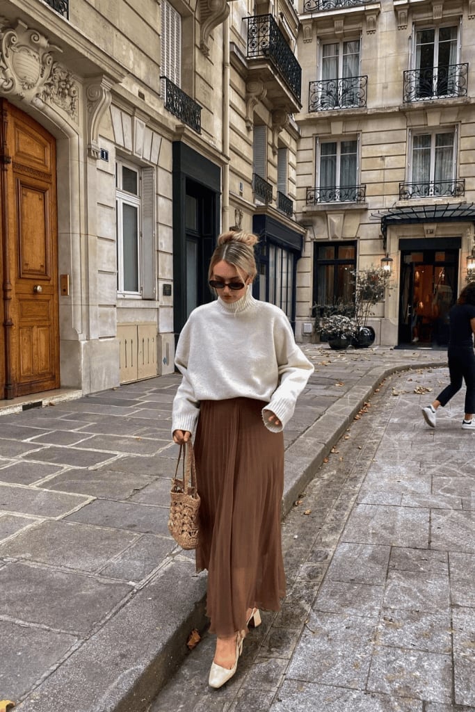Cream Turtleneck Sweater with Brown Chiffon Midi, Office-Safe Version — Trendy Church Outfits