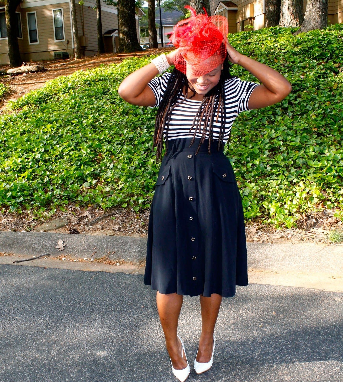 Black Midi Skirt with Striped Tee and Red, Office-Safe Version — Trendy Church Outfits