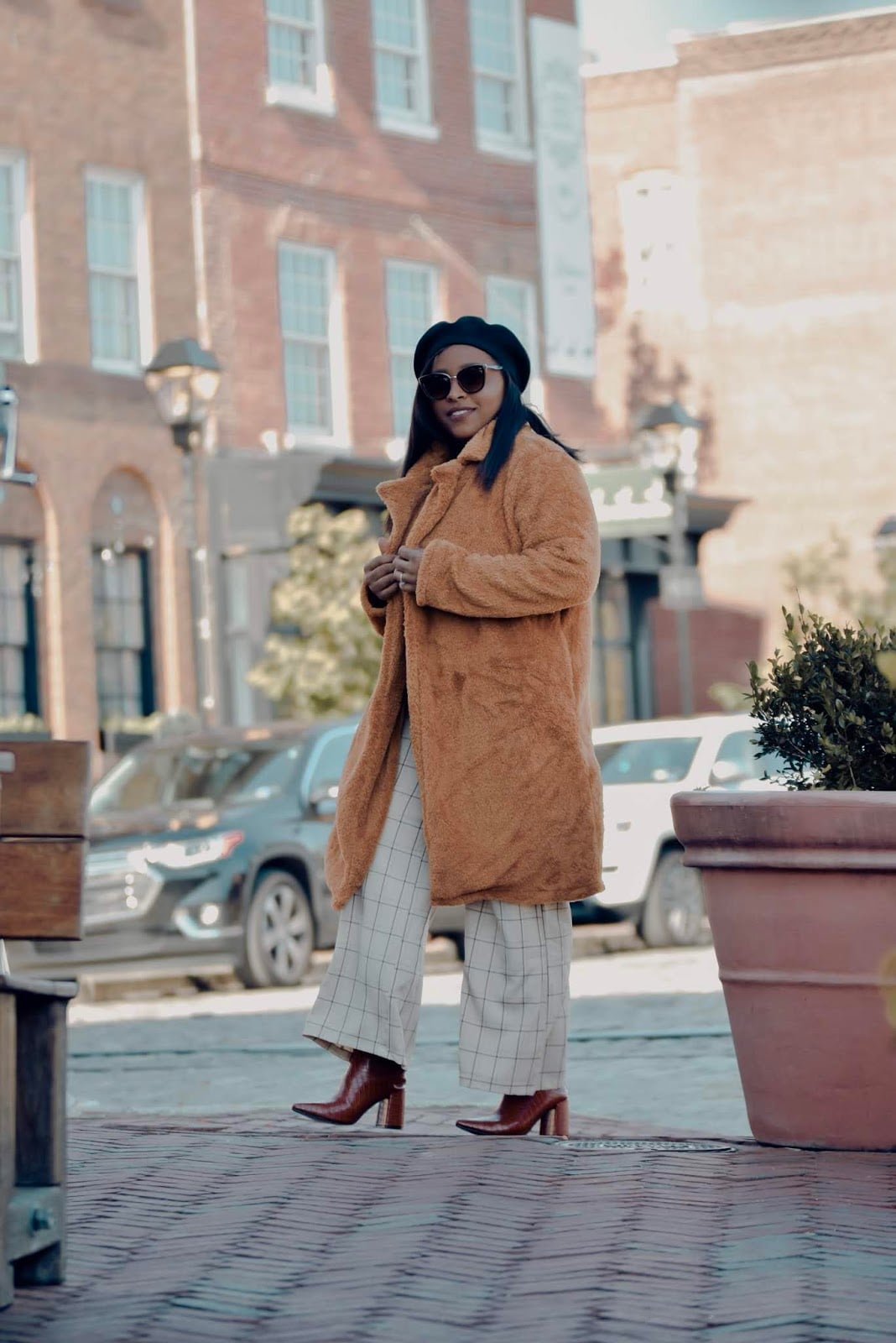 Plaid Wide-Leg Trousers with Orange Teddy Coat — Trendy Church Outfits
