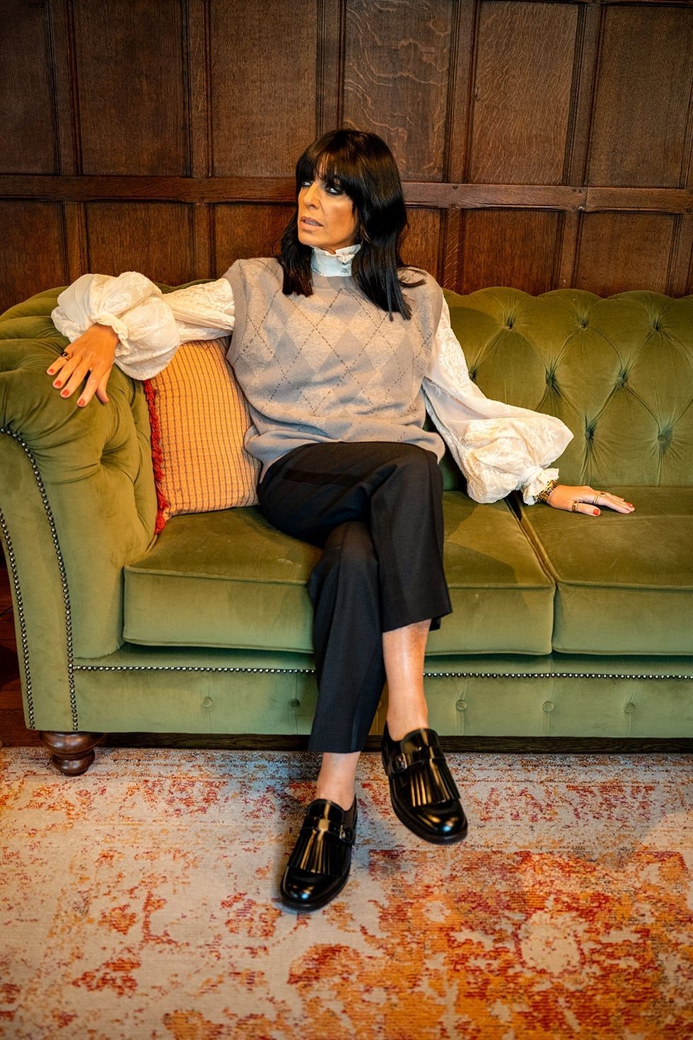 White Blouse with Argyle Knit Vest and Black Trousers — Trendy Church Outfits