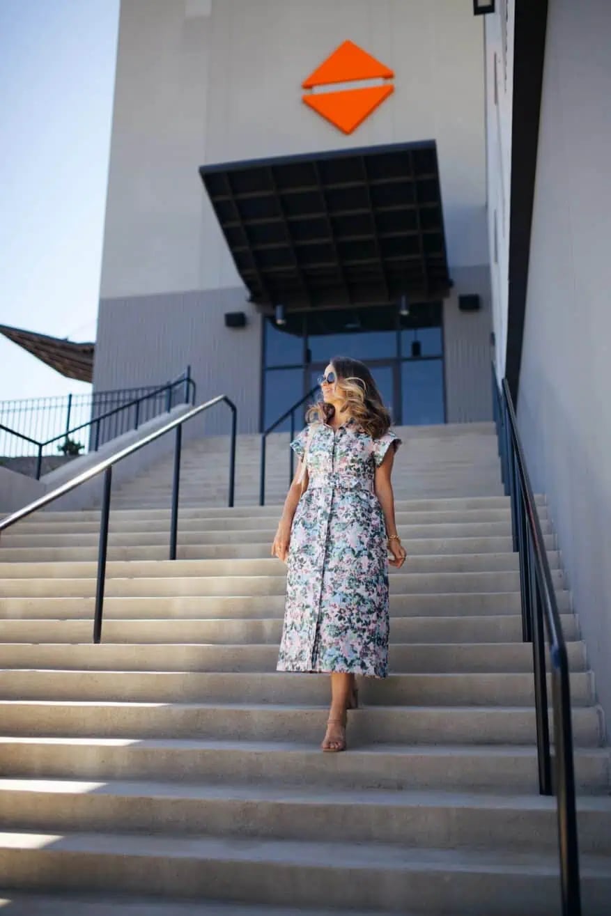 Pastel Floral Midi Dress with Nude Heels — Trendy Church Outfits