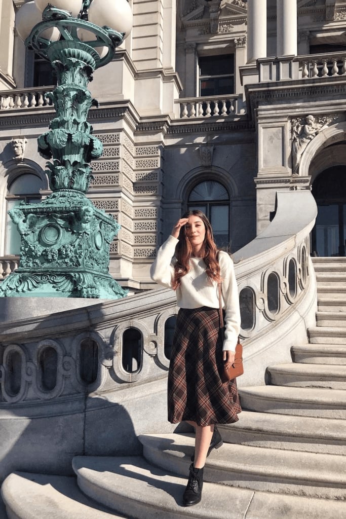 Cream Sweater with Brown and Red Plaid A-line Skirt — Trendy Church Outfits