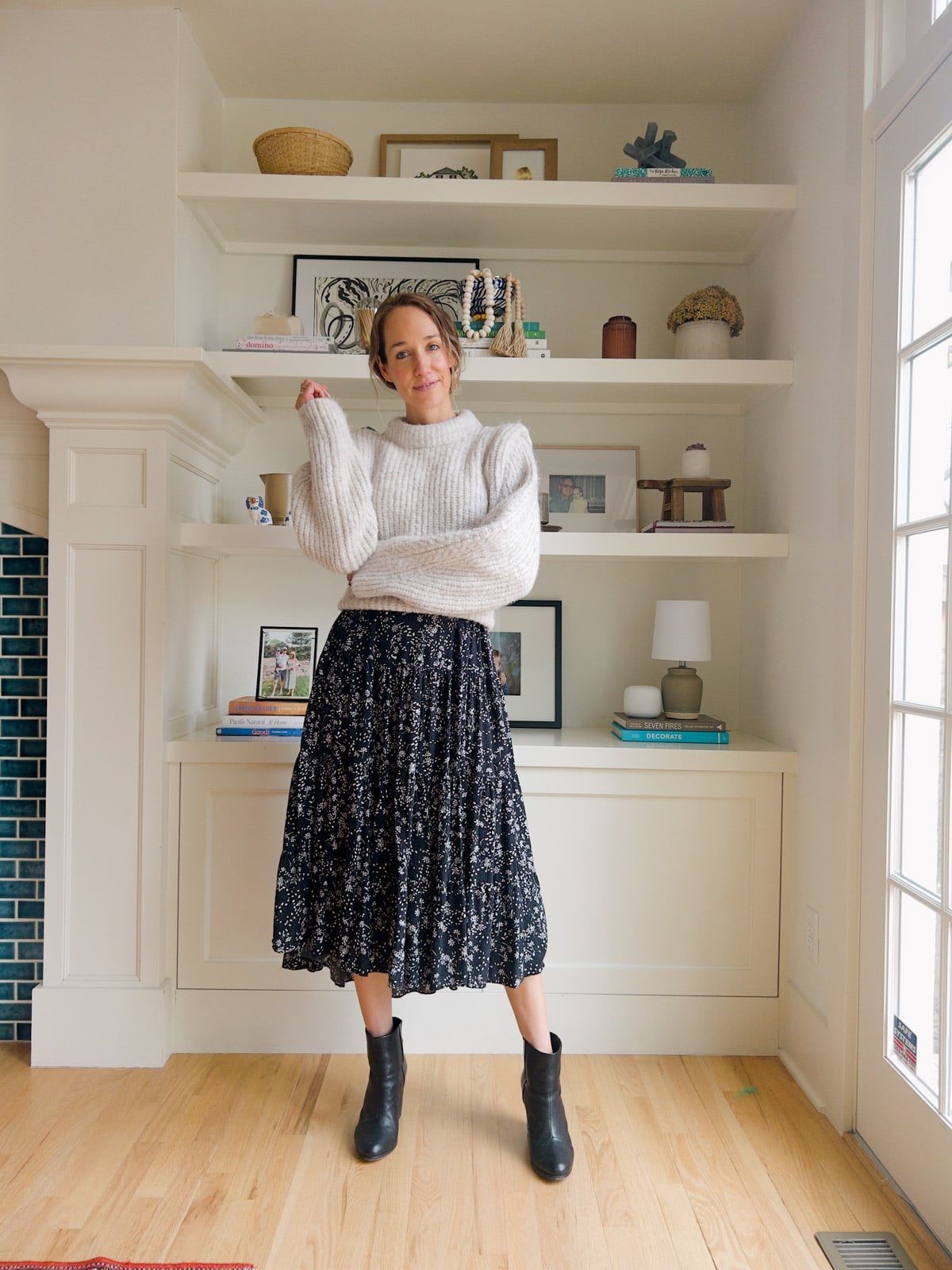 Grey Chunky Knit Sweater with Dark Floral Midi Skirt — Trendy Church Outfits
