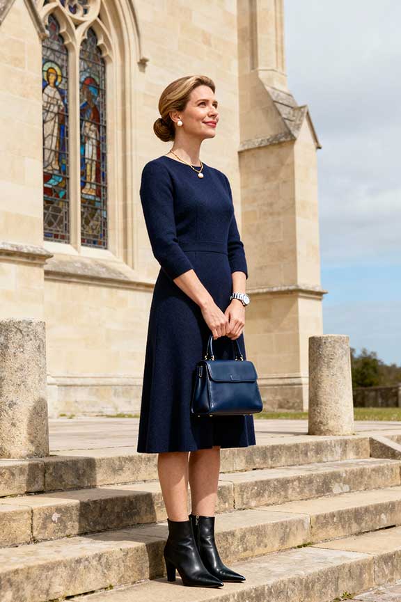 Dark Navy Textured Knit Midi Dress with Ankle Boots — Trendy Church Outfits