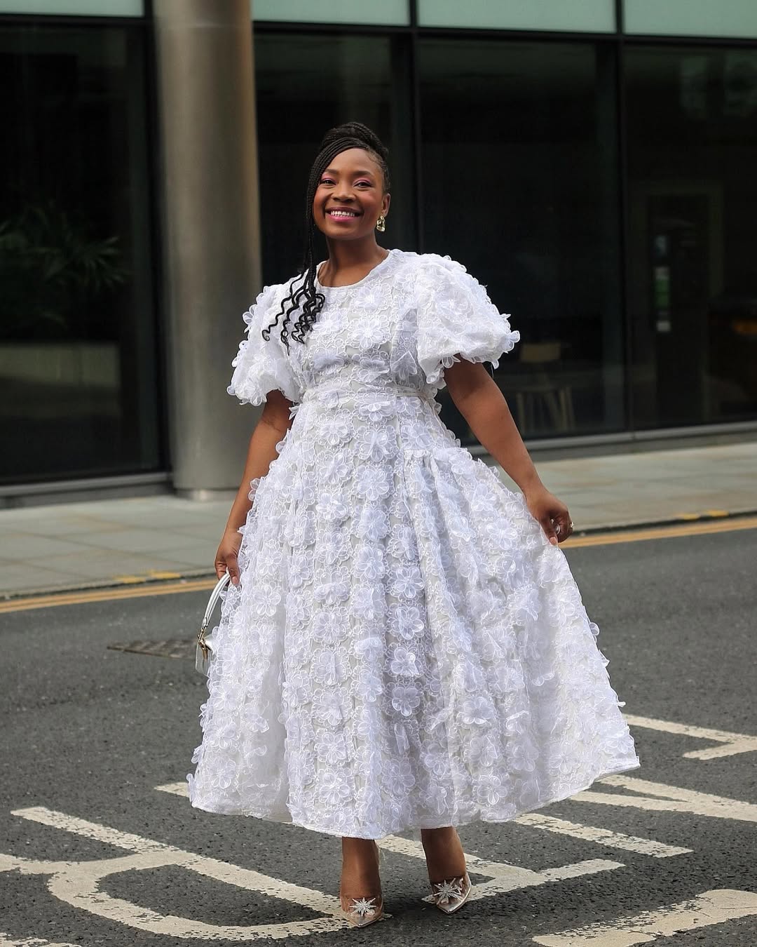 Monochromatic White Midi Dress with 3D Floral Applique — Trendy Church Outfits