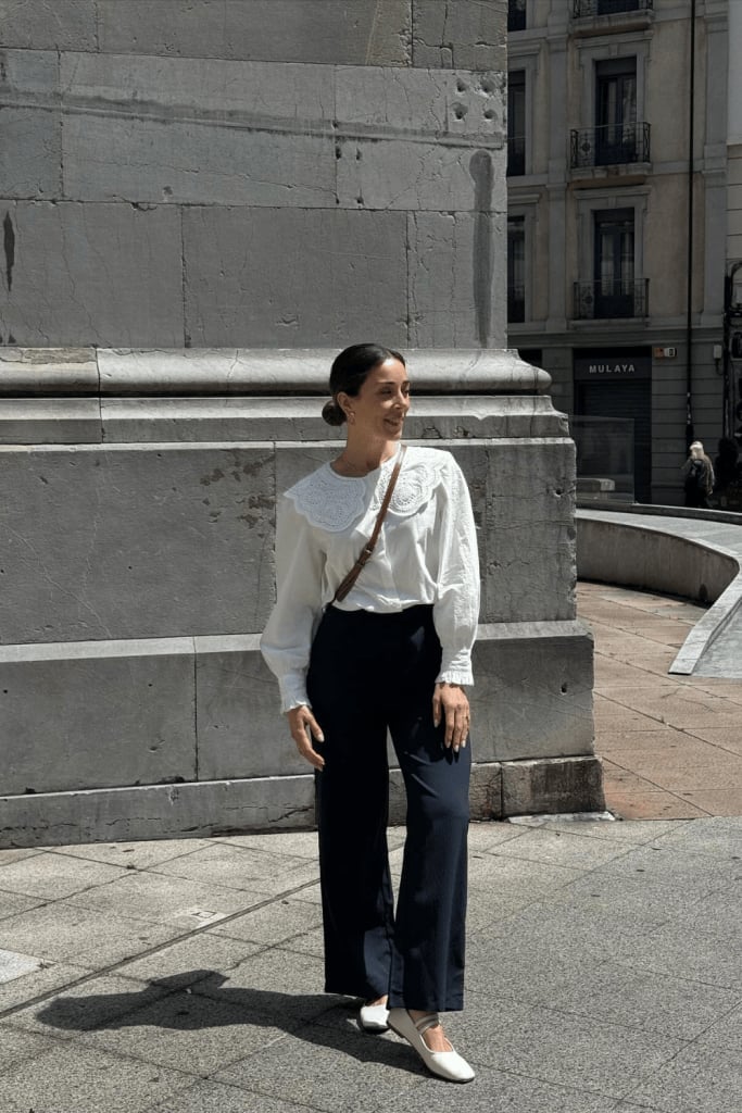 White Oversized Blouse with Navy Wide-Leg Trousers — Trendy Church Outfits