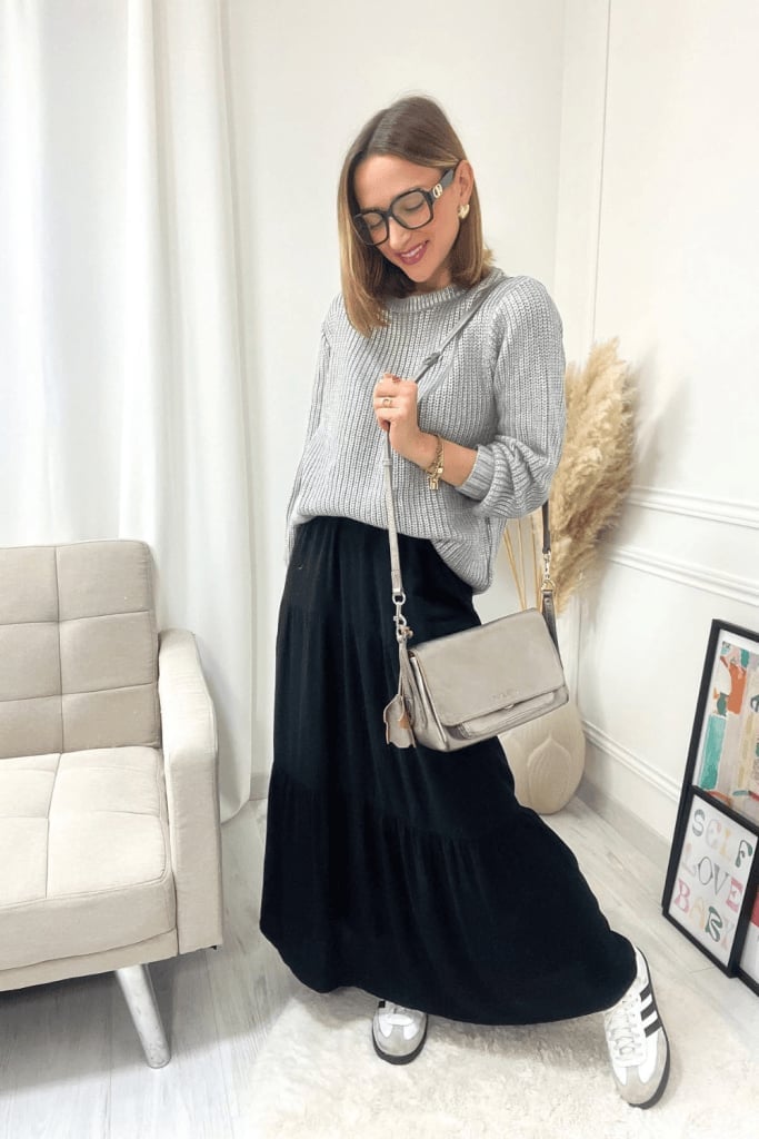 Grey Knit Sweater with Tiered Black Maxi Skirt — Trendy Church Outfits