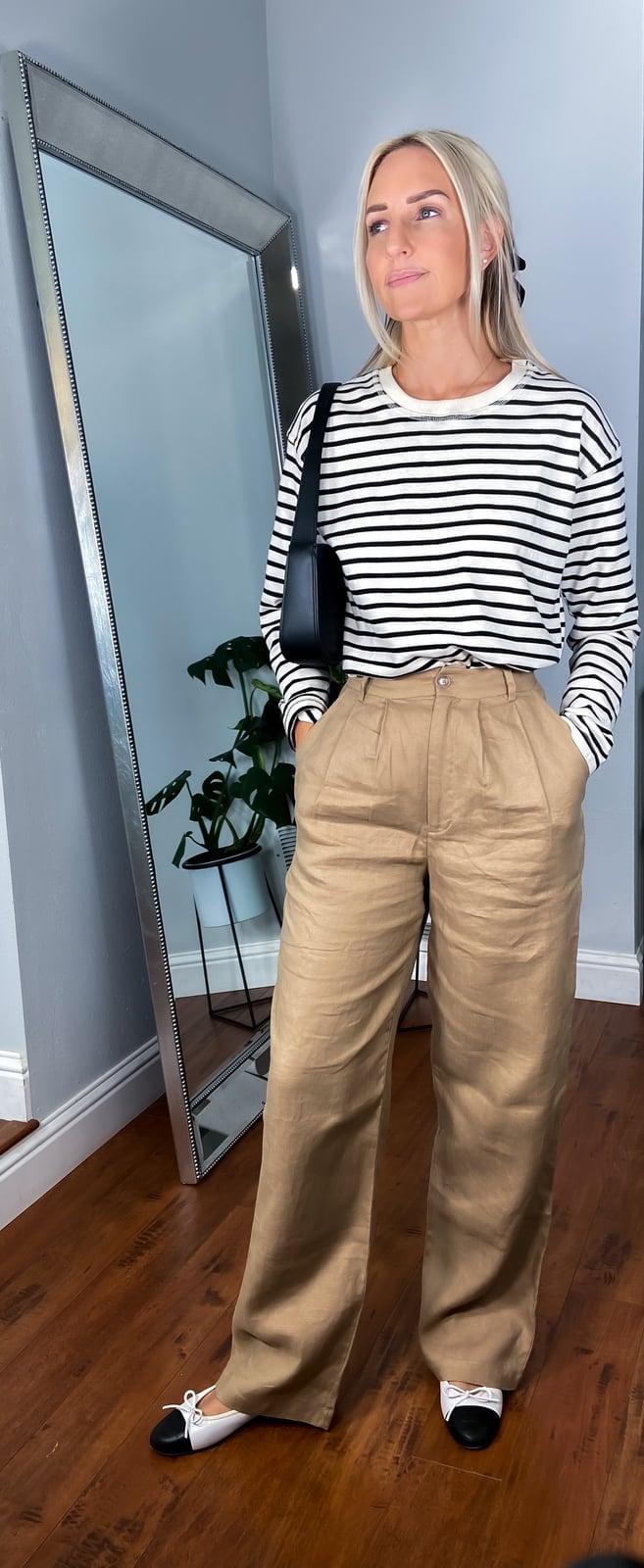 Camel Wide-Leg Trousers with Striped Sweater — Trendy Church Outfits